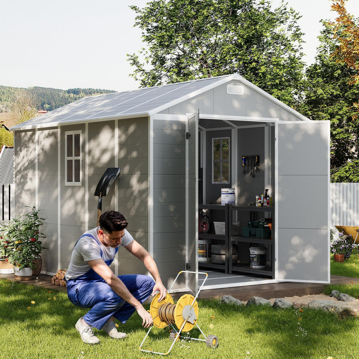 UDPATIO Outdoor Storage Shed 8 x 10 FT, Resin Garden Sheds with Floor Plastic Patio Outdoor Storage with Lockable Door for Tool, Bike, Garbage Gray White UDPATIO