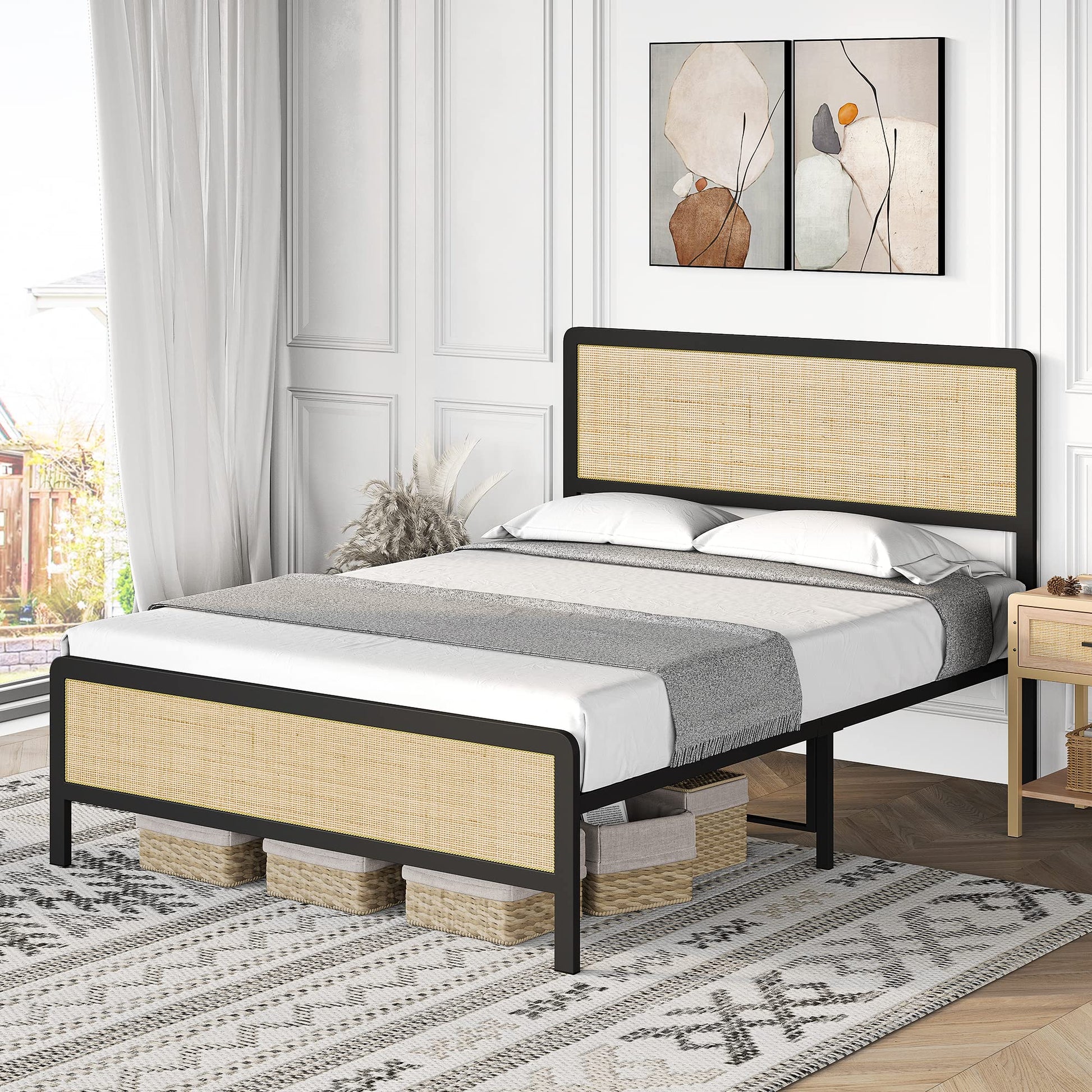 GAOMON Queen Size Metal Platform Bed Frame with Natural Rattan Headboard, Footboard, and Under-Bed Storage - WoodArtSupply