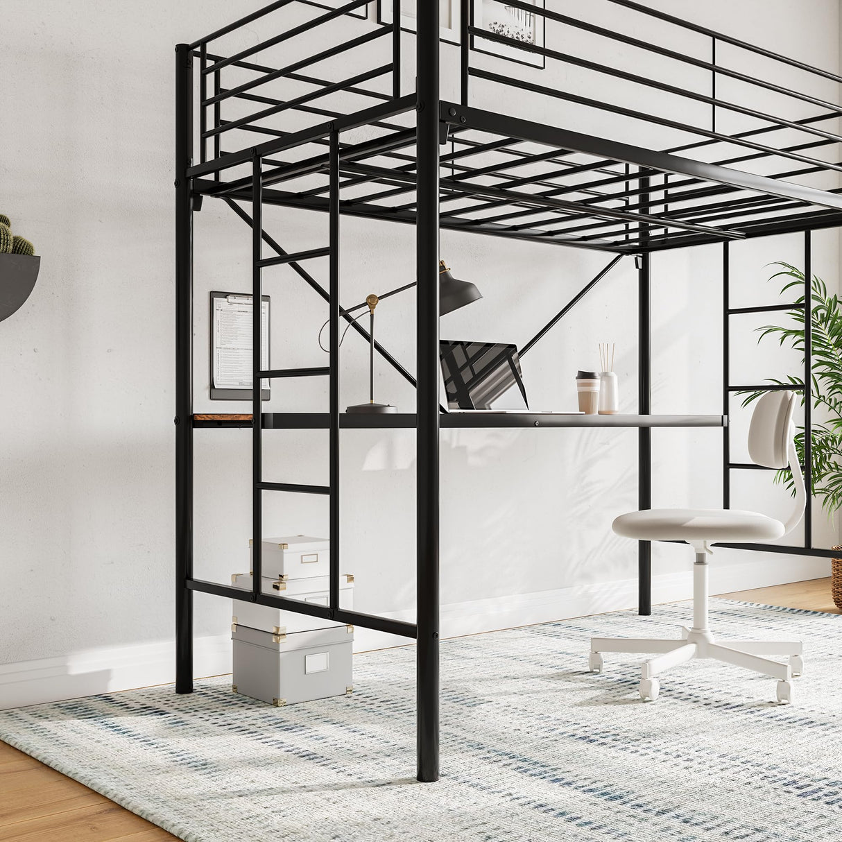 JURMERRY Twin Metal Loft Bed with Desk, Two Ladders, and Safety Guard Rail in Black JURMERRY