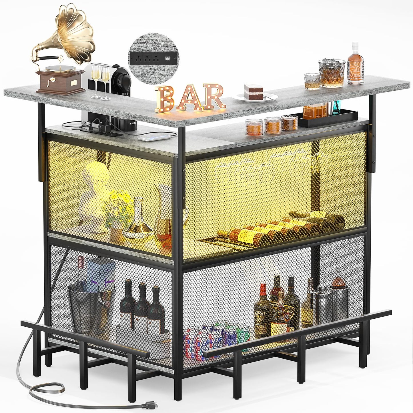 Hyomdeck L Shaped Home Bar with Power Outlet & LED Light, Corner Bar Cabinet with Footrest, Liquor Cabinet with Wine Glass Rack, Coffee Bar Table with Storage for Home Kitchen, Dining Room, L - WoodArtSupply