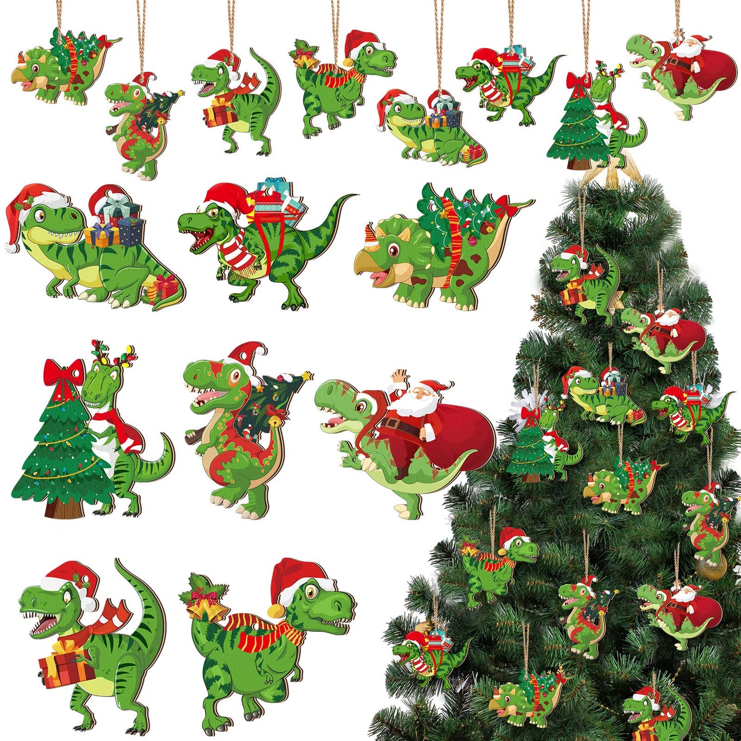 BBTO 40 Pcs Christmas Dinosaur Ornaments Christmas Tree Topper Ornaments Wood Decorative Hanging Dinosaur Wooden Ornaments for Christmas Tree Xmas Party Holiday Decoration