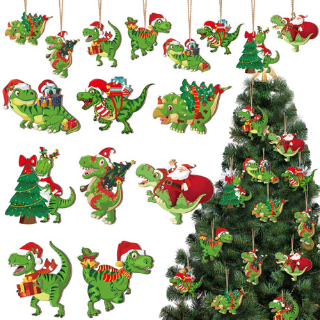 BBTO 40 Pcs Christmas Dinosaur Ornaments Christmas Tree Topper Ornaments Wood Decorative Hanging Dinosaur Wooden Ornaments for Christmas Tree Xmas Party Holiday Decoration BBTO