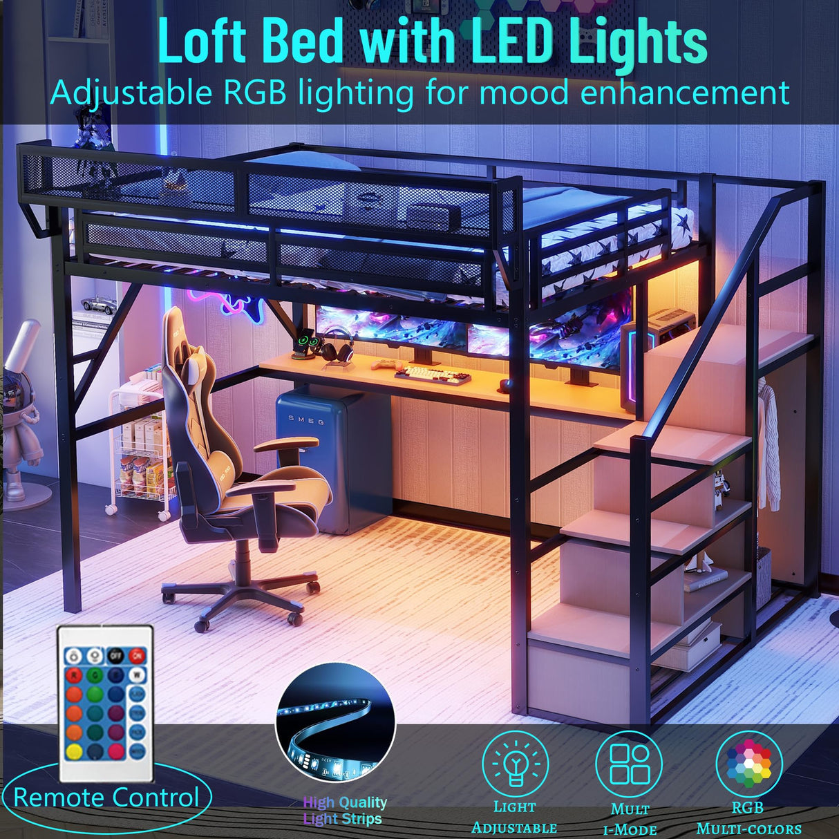 Full Loft Bed with Desk and RGB Light, Metal Loft Bed Frame with Stairs and Bedside Shelf, Heavy-Duty Lofts Beds with Storage Shelves and Wardrobe for Kids Teens, Black Mirightone