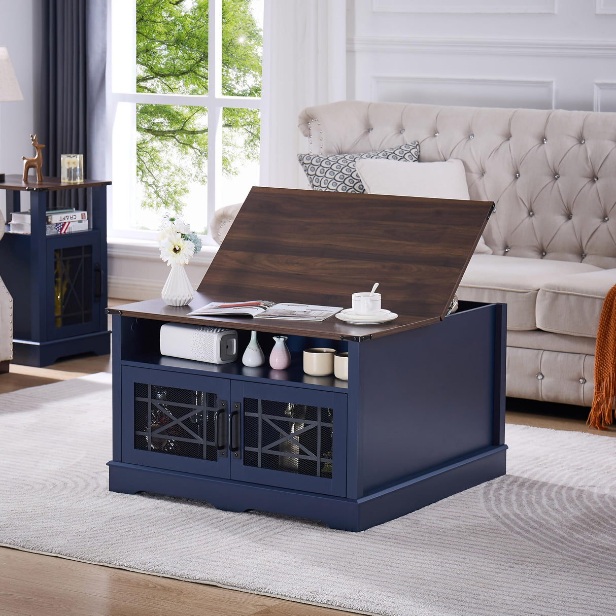 Square Coffee Table Farmhouse Coffee Tables for Living Room, Coffee Table with Storage, Blue Coffee Table with Hidden Compartment, Rustic Center Table with Lift-up Top LIDYUK