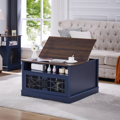 Square Coffee Table Farmhouse Coffee Tables for Living Room, Coffee Table with Storage, Blue Coffee Table with Hidden Compartment, Rustic Center Table with Lift-up Top LIDYUK