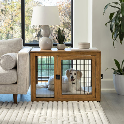 Furniture-Style Dog Crate - Acacia Wood Kennel for Medium Dogs with Double Doors and Cushion - Dog Cage Furniture by PETMAKER (Natural)