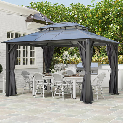 GARTOO 10’x12’ Patio Polycarbonate Canopy Gazebo, Outdoor Double Roof Gazebo with Steel Frame, Backyard Gazebo with Breathable Netting and Curtains - Perfect for Patio, Lawn, Garden, Poolside