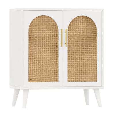 Rovaurx Rattan Storage Cabinet with Doors, Accent Bathroom Floor Cabinet, Modern Sideboard Buffet Cabinet for Living Room, Entryway, Dining Room and Kitchen, White and Natural BMGZ108WM