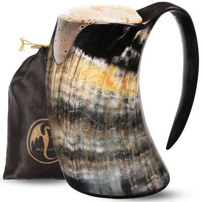 OLDEMPEROR Viking Horn Mug - 100% Authentic 16oz - Ultimate Unique Handmade Ox Horn Norse Mug for Hot & Cold Drinks- Viking Gift for Men and Women- Food Grade Medieval Style Man's Beer & Mead Cup…