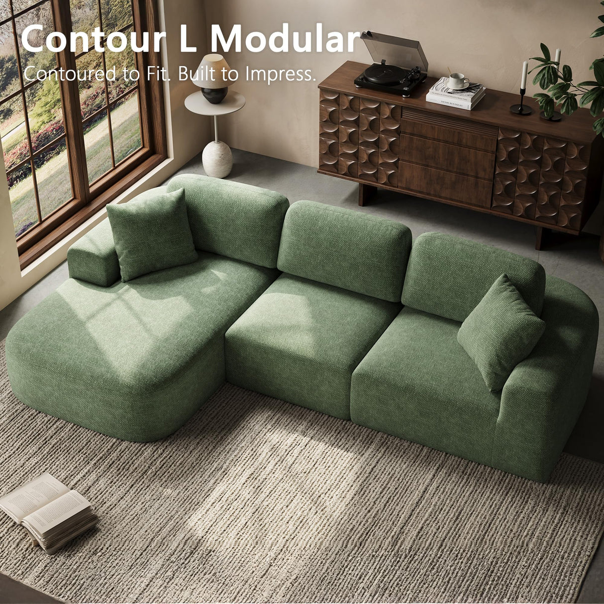 Dowinx 107'' Modular Sectional Sofa Couch with Chaise, No Assembly Required, Modern Woven-Textured Upholstery, Convertible L-Shaped Design for Living Room – Forest Green Dowinx