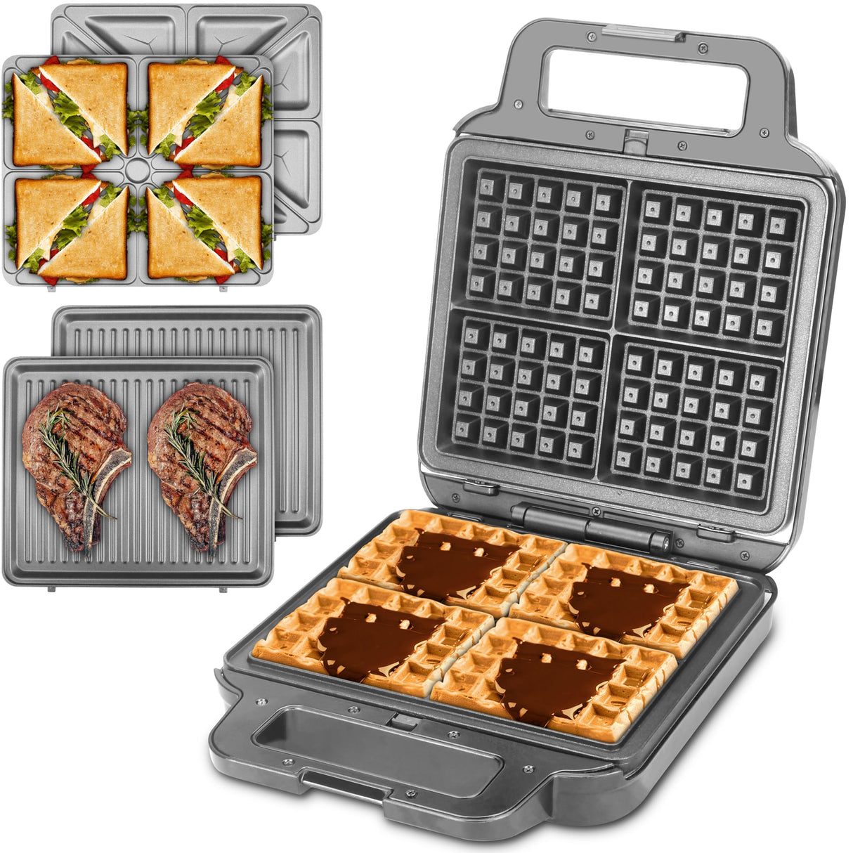 FineMade Belgian Waffle Maker with Removable Plates, Waflera Electrica, Large Waffle Iron, 3 in 1 Panini Grill Press Breakfast Sandwich Maker, Electric Griddle, Grilled Cheese Maker, Breakfast Station FineMade