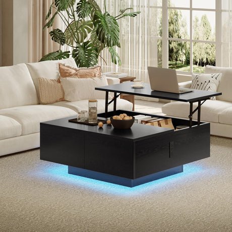 Square Lift Top Coffee Table, 31.5" Wooden Coffee Table with 2 Drawers & Hidden Storage, LED Lights & Charging Station, Mid Century Modern Center Table for Living Room Home Office (Black) YKVIQBY