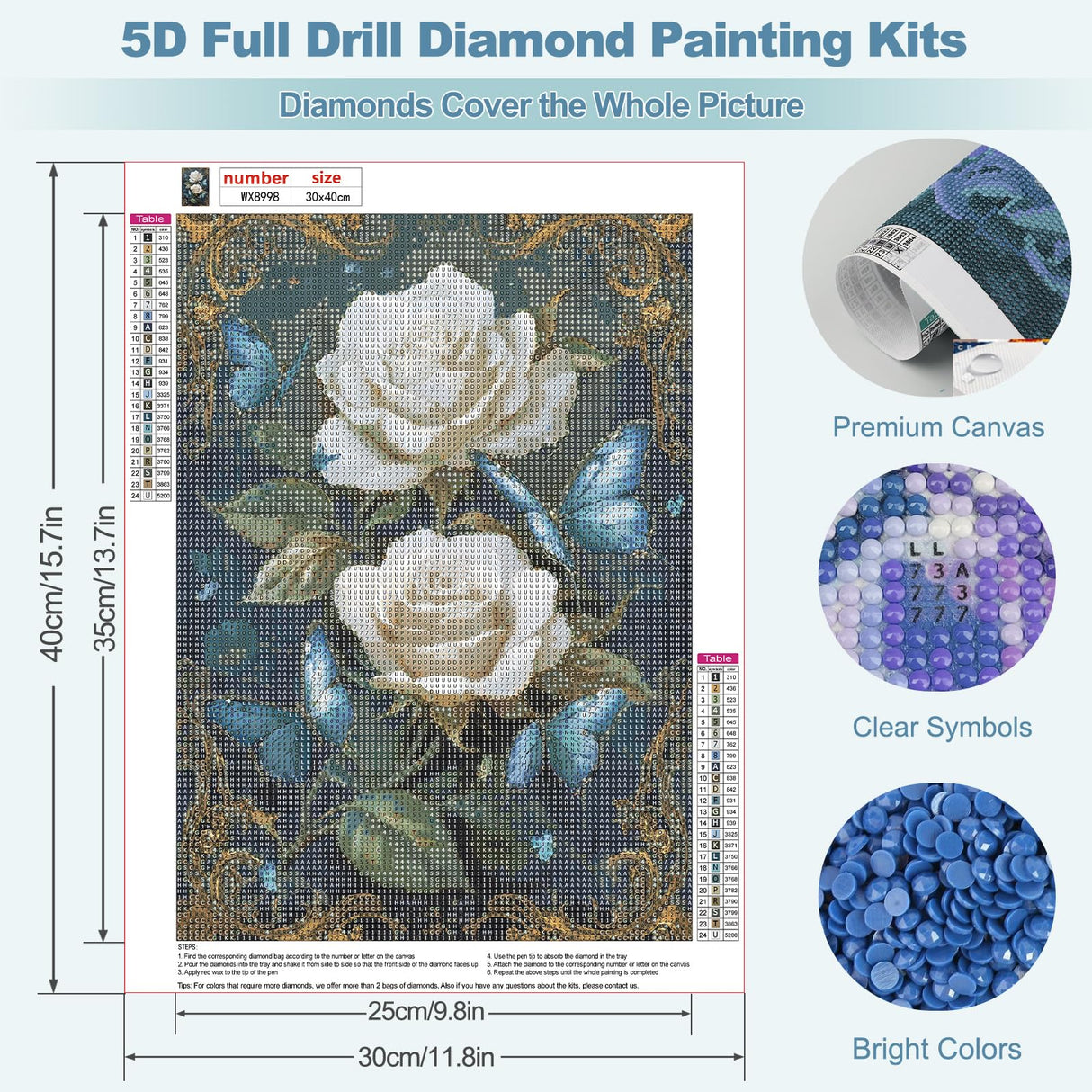MEIYUDA Flowers Diamond Painting Kits for Adults, Butterfly Rose Diamond Art Kits for Adults Beginners, DIY Full Diamond Art Painting Kit for Present Home Wall Decor 12x16 Inch MEIYUDA