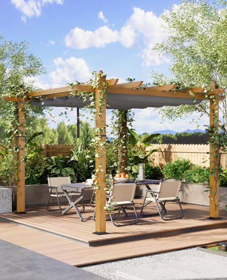 Garvee 10x10 Ft Outdoor Pergola with Retractable Canopy – Upgraded Aluminum Faux Wood Grain Metal Patio Pergola for Modern Backyard Deck, Porch, Grape Trellis in Grey Garvee