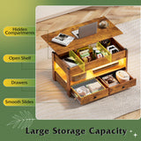 WLIVE Coffee Table, Lift Top Coffee Table with 2 Drawers, LED Light, Large Hidden Compartment and Open Shelf, Lift Tabletop, Dining Table for Living Room, Rustic Brown WLIVE