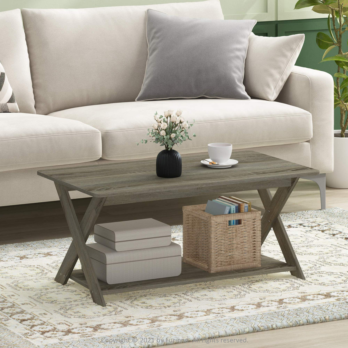 Furinno Modern Simplistic Criss-Crossed Coffee Table, 35.4 in x 19.6 in x 16 in, French Oak Grey Furinno