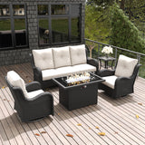 LayinSun 5 Pieces Outdoor Patio Furniture Set with Fire Pit Table, Rattan Wicker Sectional Swivel Rocker Chairs Sets with Swivel Glider Chair and Coffee Table LayinSun