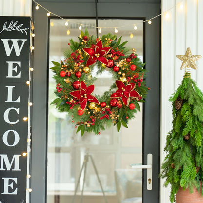 ArcadiaArt Prelit Christmas Wreaths for Front Door- 24 Inch Outdoor Christmas Door Wreath with Lights, Lighted Xmas Wreath with Poinsettia Flowers,Red Berries,Golden Ball- Home Christmas Decorations