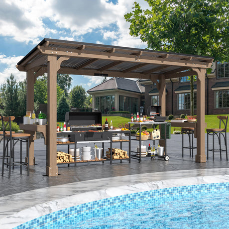Yardenaler 6 x 13 FT Wooden Grill Gazebo with Sloping Metal Roof, BBQ Canopy with Stakes for Outdoor Patio, Garden, Lawn, Light Mocha Brown Yardenaler
