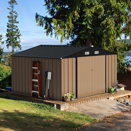 Devoko 10 x 10 FT Outdoor Storage Shed, Metal Garden Sheds & Outdoor Storage Clearance, Large Tool Shed Outdoor with Single Lockable Door for Patio Lawn Backyard (Brown) Devoko