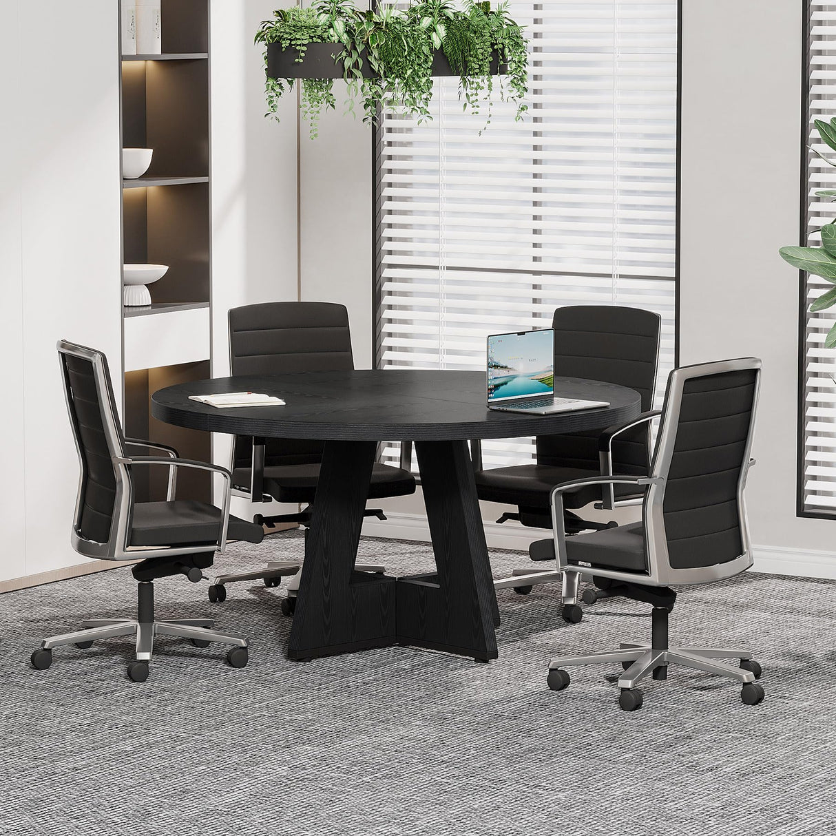 Tribesigns 47-Inch Round Conference Table for 4-6 People, Wooden Meeting Room Table with Thicken Tabletop and Wood Base, Modern Meeting Training Desk for Conference Room Seminar Room (Black) Tribesigns