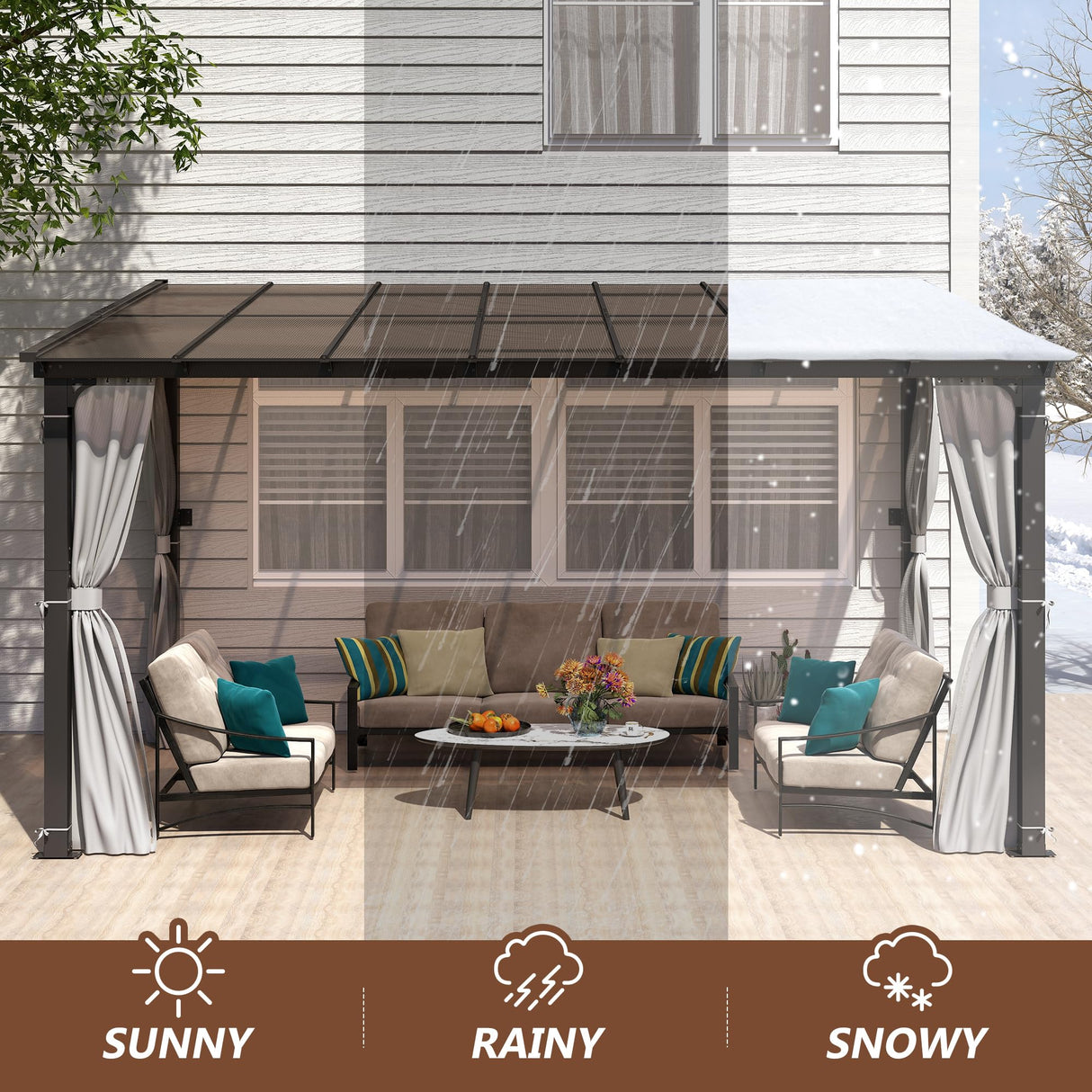 Raysfung 10 x13FT Outdoor Wall-Mounted Hardtop Gazebo, Aluminum Frame Lean to Gazebo with Polycarbonate Roof and Curtains for Patio, Garden, Deck Raysfung