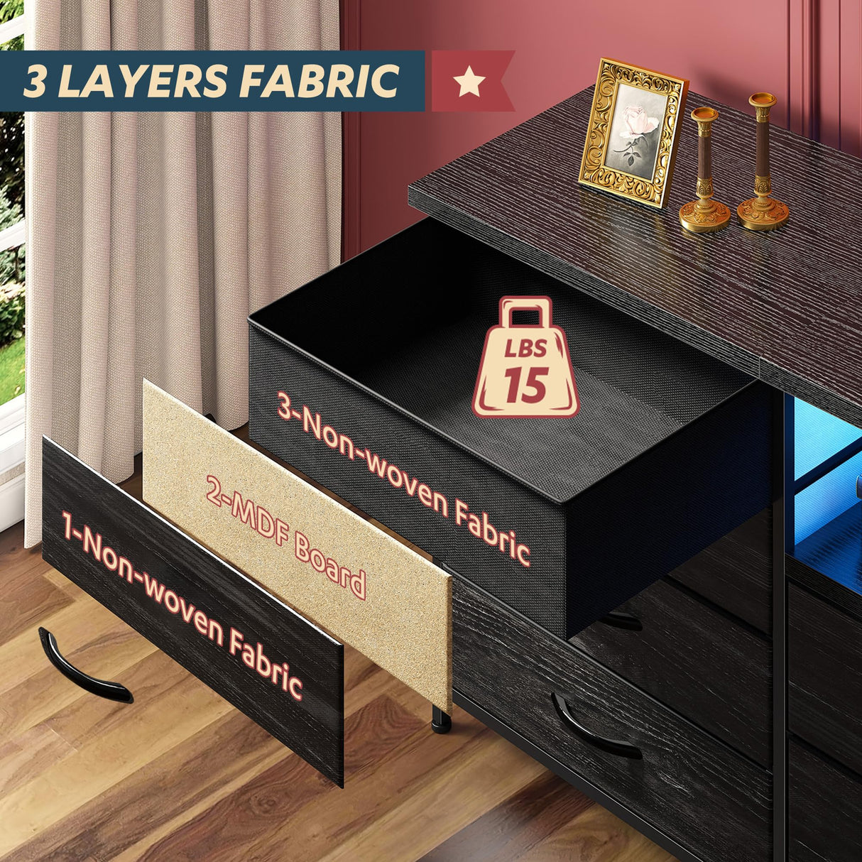 63" Long Dresser for Bedroom with 12 Fabric Drawers Entertainment Center with LED Lights & Power Outlets TV Stand for 70 Inch TV, Organizer for Bedroom, Black Romorgniz