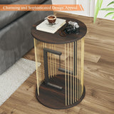 Side Table, Round End Table for Living Room, Bedroom, Black LED Nightstand Set of 2 with Twine Rope Design, Mid Century Modern Wood Accent Coffee Table, Antique Nightstand HUAHUU