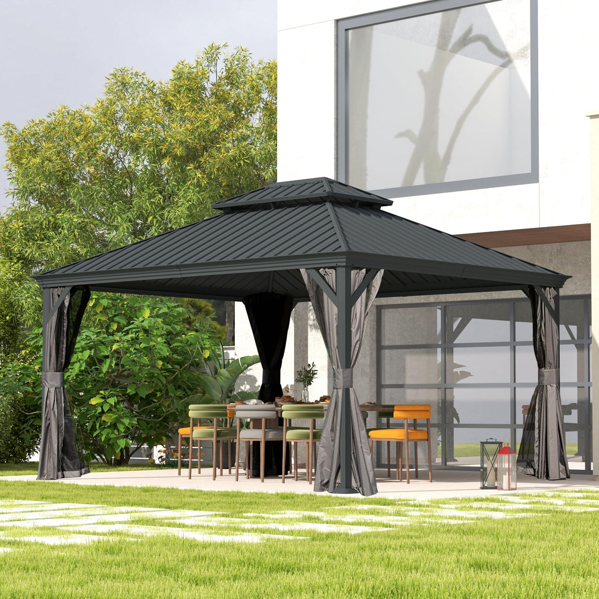Domi 12' X 14' Hardtop Gazebo, Upgraded Metal Gazebo with Drainage System, Dual-Layer Galvanized Steel Roof, Curtain and Netting, Outdoor Shelter Canopy for Patio, Garden, and Backyard, Grey domi outdoor living