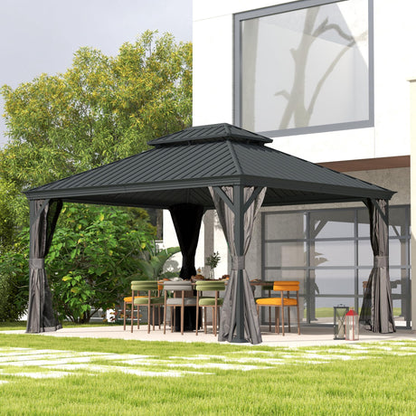 Domi 12' X 14' Hardtop Gazebo, Upgraded Metal Gazebo with Drainage System, Dual-Layer Galvanized Steel Roof, Curtain and Netting, Outdoor Shelter Canopy for Patio, Garden, and Backyard, Grey domi outdoor living