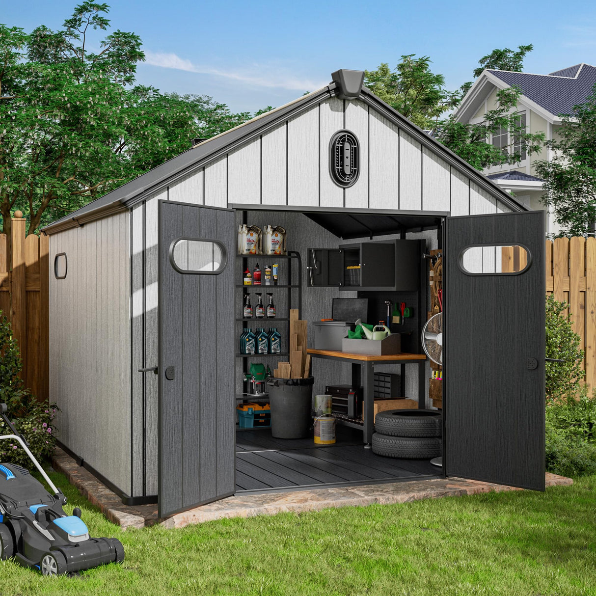 Amopatio Outdoor Storage Shed,8x10 Resin Shed with Floor Included, Outside Sheds Storage Waterproof for Bike, Tools, Garden, Backyard Amopatio