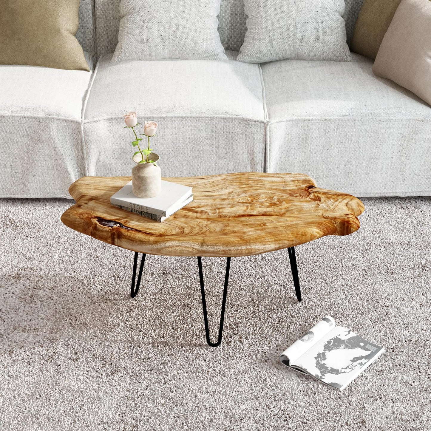 WELLAND Live Edge Cedar Wood Coffee Table Metal Hairpin Legs for Living Room - WoodArtSupply