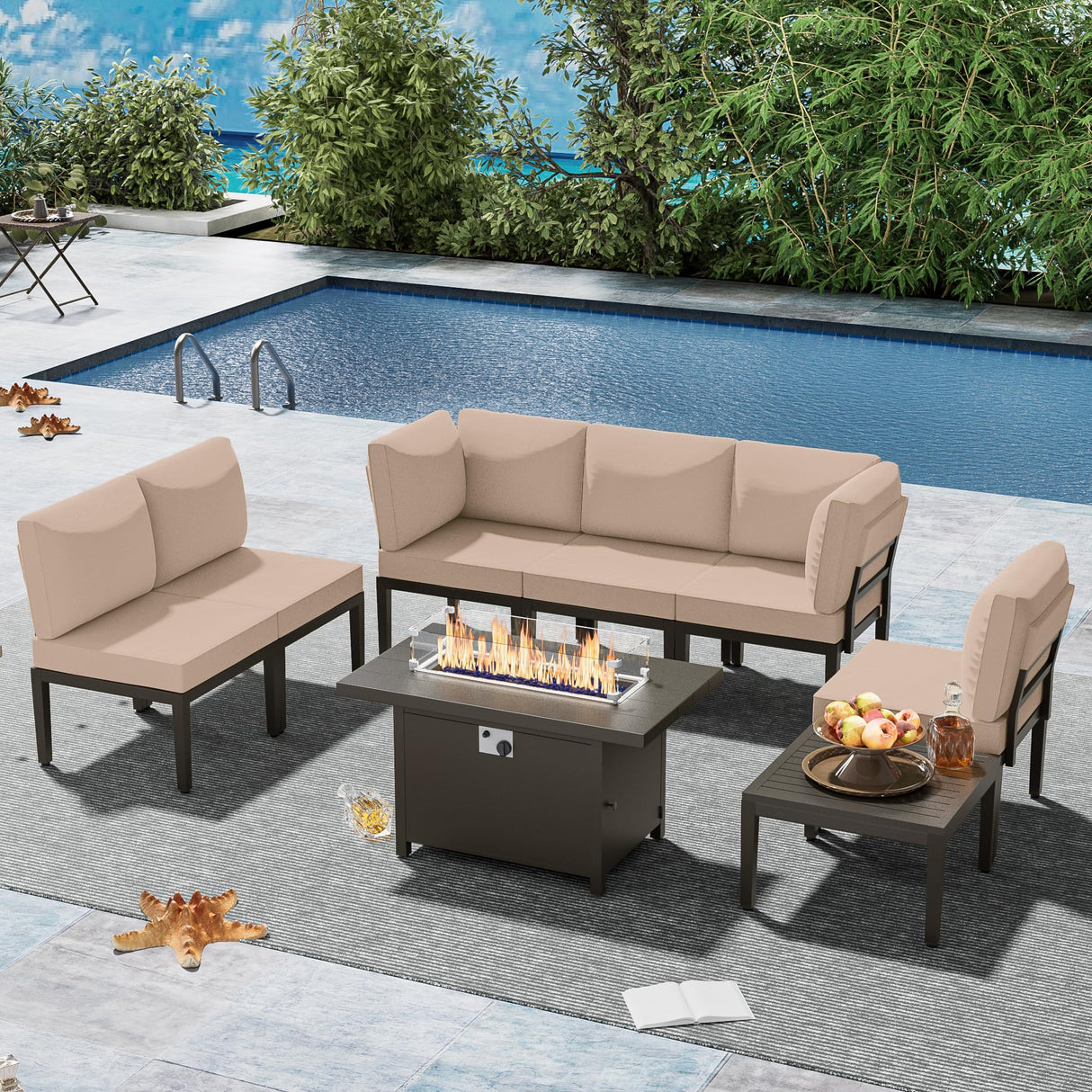 ASJMR Patio Furniture Set,8 Pieces Modern Outdoor Conversation Set w/43in Gas Fire Pit Table, Outdoor Metal Sectional Sofa with 55000 BTU Propane Fire Pit. ASJMR