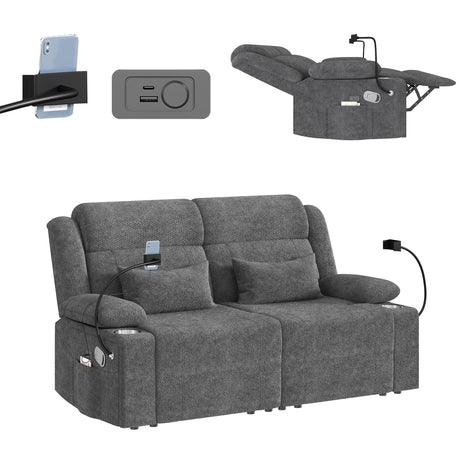 CHABATREE Home Theater Seating，RV Reclining Sofa Set with Adjustable Headrest， Recliner Sofa with Heat and USB&Type-C, Dawer & Cup Holders, 150° Recline for RV & Living Room(Loveseat Grey) CHABATREE