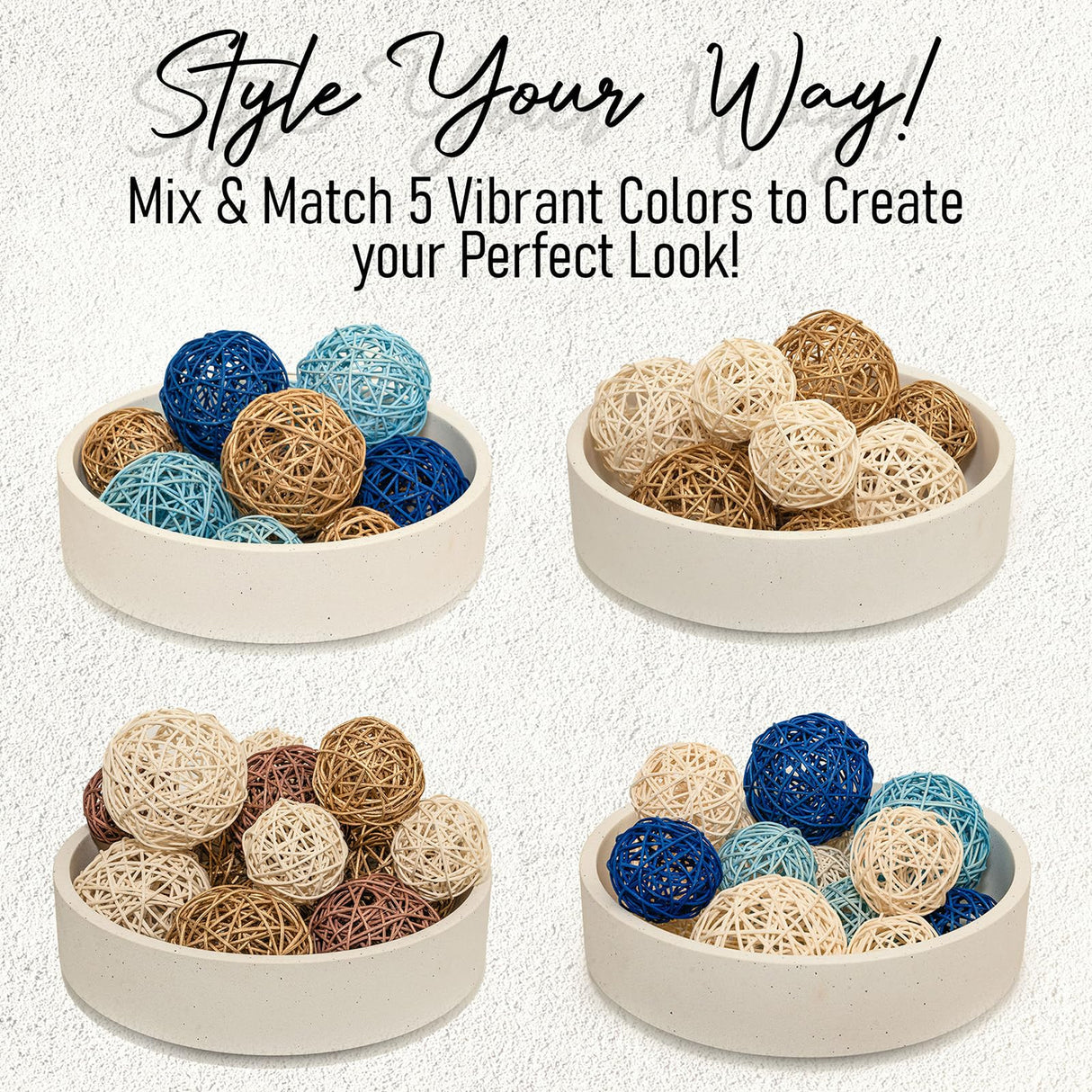 VELOVA Large White Concrete Decorative Bowl with 24 Decorative Balls, Fruit Key Holder Bowls Boho Modern Home Decor Accent for Dining Room Centerpiece Living Room Coffee Table Shelf Entryway Rattan VELOVA