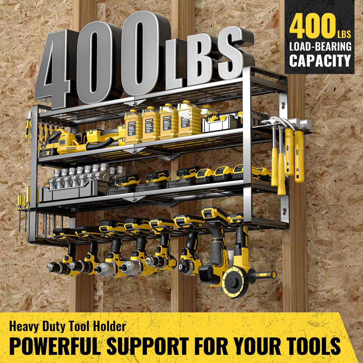 MOOMSINE 4 Layer Large Power Tool Organizer Wall Mount, Heavy Duty Metal Tool Storage Rack with 8 Cordless Drill Holder, Battery Tools Hanger with Charging Station Shelf for Garage Organization MOOMSINE