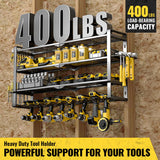 MOOMSINE 4 Layer Large Power Tool Organizer Wall Mount, Heavy Duty Metal Tool Storage Rack with 8 Cordless Drill Holder, Battery Tools Hanger with Charging Station Shelf for Garage Organization MOOMSINE