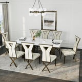 Anewsun 9 Piece Dining Table Set, Brushed Bronze Dining Room Table Set with 78 inch White Stone Table and 8 White Chenille Dining Chairs Anewsun