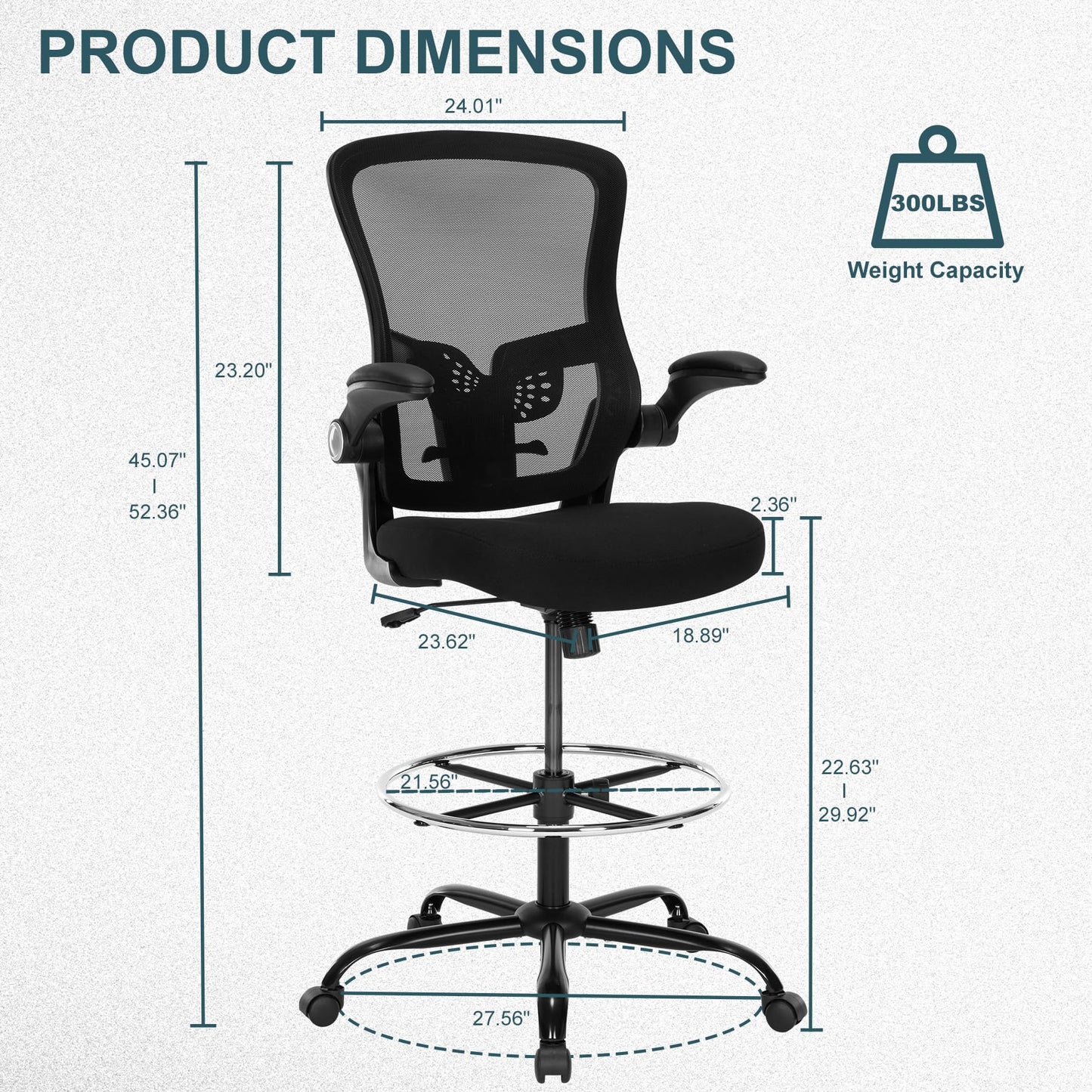 Luckyear Drafting Chair,Ergonomic Tall Office Chairs,Standing Desk Chair with Adjuatable Height,Breathable Mesh High Chair with Foot Rest,Stool Chair with Flip up Arms,Counter Height Chairs,B - WoodArtSupply