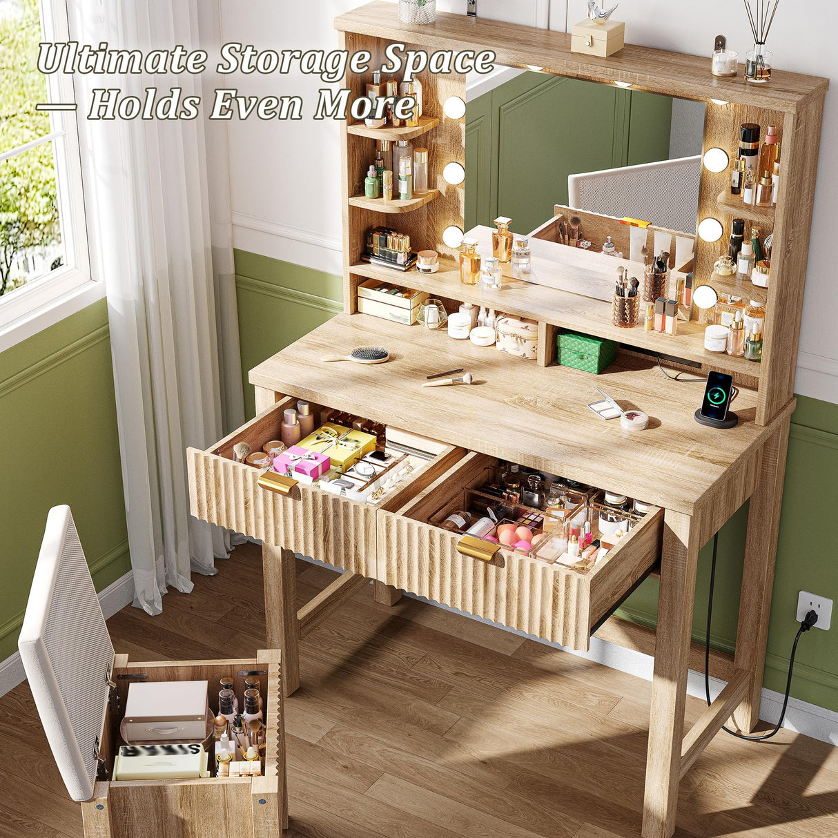 Homkdom Vanity Desk with HD Mirror and 3-Color Adjustable Lights, Fluted Makeup Vanity with Storage Stool, 2 Large Drawers & Charging Station, Small Vanity for Women's Bedroom, Dressing Room, Oak Homkdom