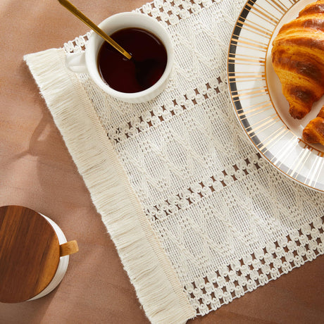 ZeeMart Macrame Style Boho Placemats Set of 4, Ivory Decorative Natural Farmhouse Cotton Woven Place Mats Home Decor for Kitchen Dining Table ZeeMart