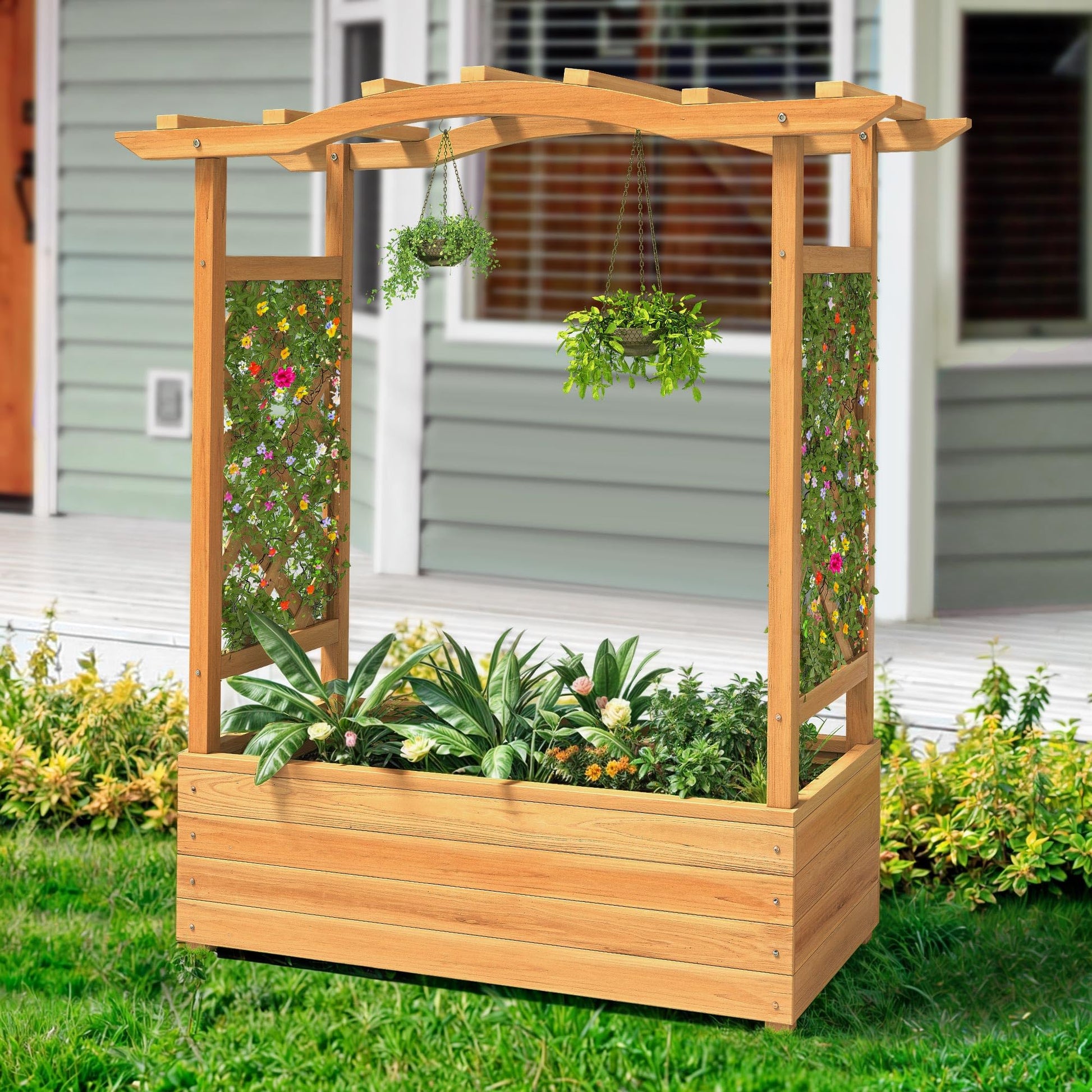 YITAHOME Raised Garden Bed with Trellis and Hanging Roof, 43.3" L x 13.9" W x 44.4" H Wood Free-Standing Trellis Planter Box for Climbing Plants Flowers in Garden, Patio, Backyard, Balcony, N - WoodArtSupply