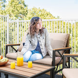 YITAHOME 4-Piece Patio Wicker Furniture Set with Wood Armrest, All Weather Rattan Conversation Furniture Sets for Backyard, Balcony, Deck w/Soft Cushions and Plastic Wood Table (Light Brown+Beige) YITAHOME