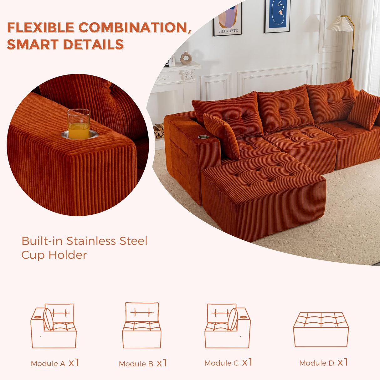 MAXYOYO Modular Sectional Sofa Couch, L Shaped Modern Cloud Couch with 1 Ottoman, Sofa in A Box, Tufted 4-Seat Boneless Sleeper Chair for Living Room, No Assembly Required, Orange MAXYOYO