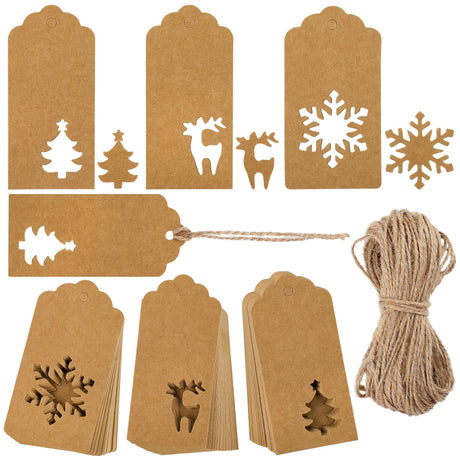 Aneco 150 Pieces Christmas Paper Gift Tags Brown Kraft Tags Hang Labels Christmas Tree Snowflake Reindeer Design with 30 Meters Jute Twine for Christmas DIY Wrapping Favor Holiday Present Aneco