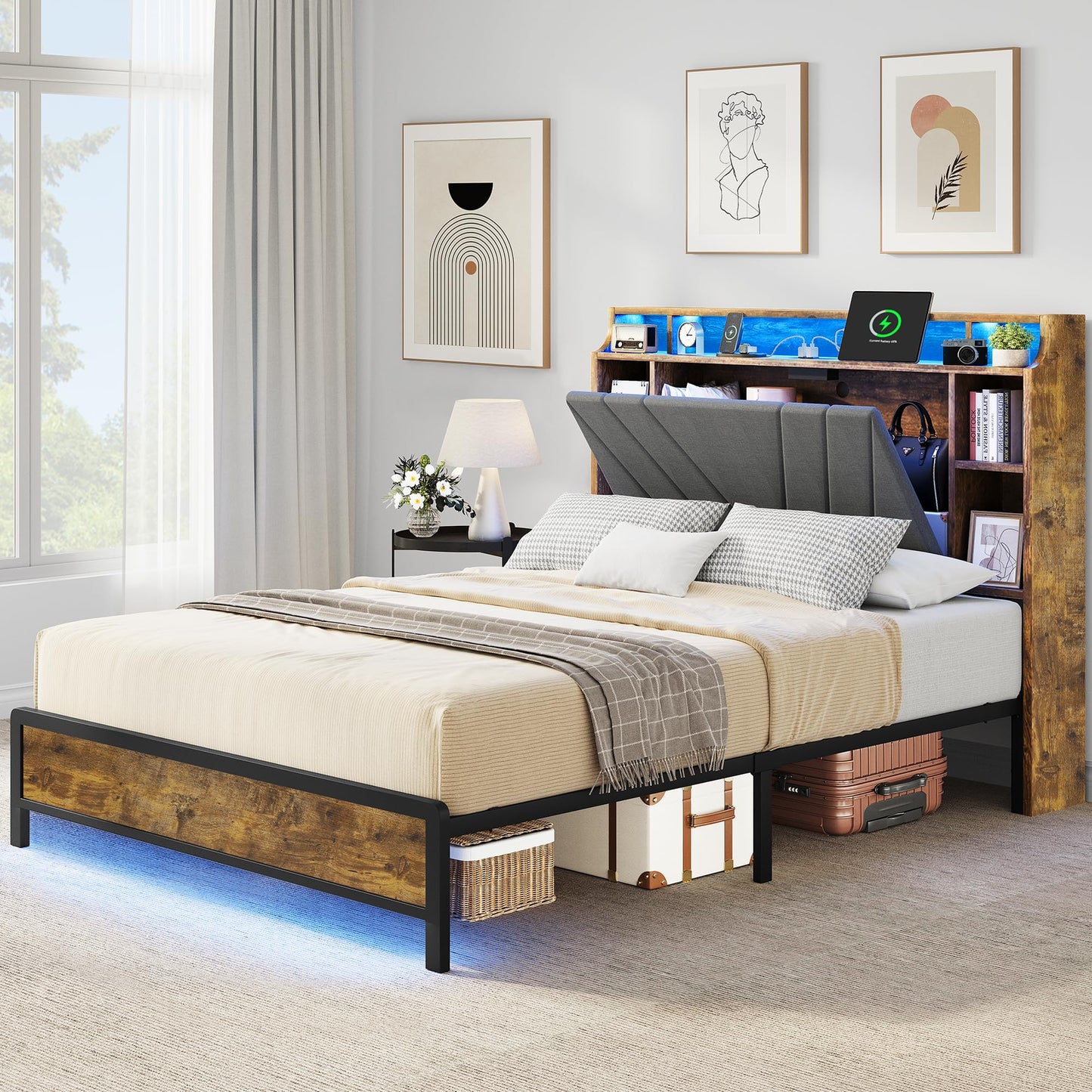 YITAHOME Upholstered Queen Bed Frame with Storage Headboard, LED Lights & Charging Station - Brown - WoodArtSupply