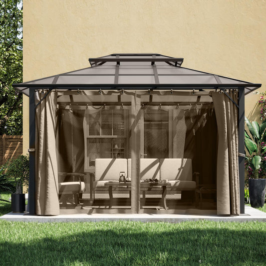 ZEPYARD Hardtop Gazebo 10x12 FT Polycarbonate Double Roof with Netting and Curtains, Metal Aluminum Outdoor Gazebo for Backyard, Patio, Deck (Brown)