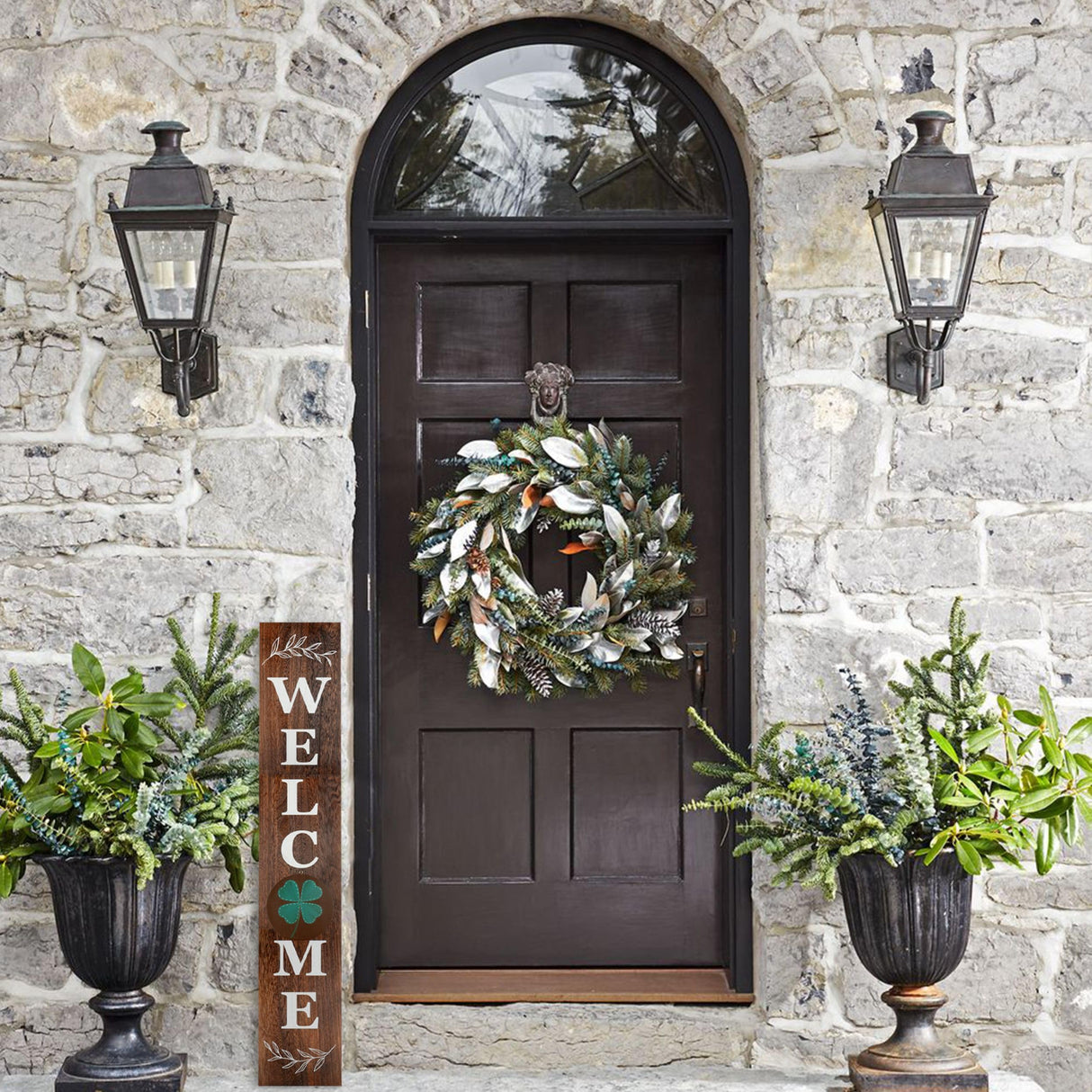 Perfnique Interchangeable Welcome sign for front porch standing, 47 x 7.9 Inch Black Wooden Leaner Sign with 10 Interchangeable Designed Icons, Morden Farmhouse Rustic Seasonal Decor for Spring PERFNIQUE