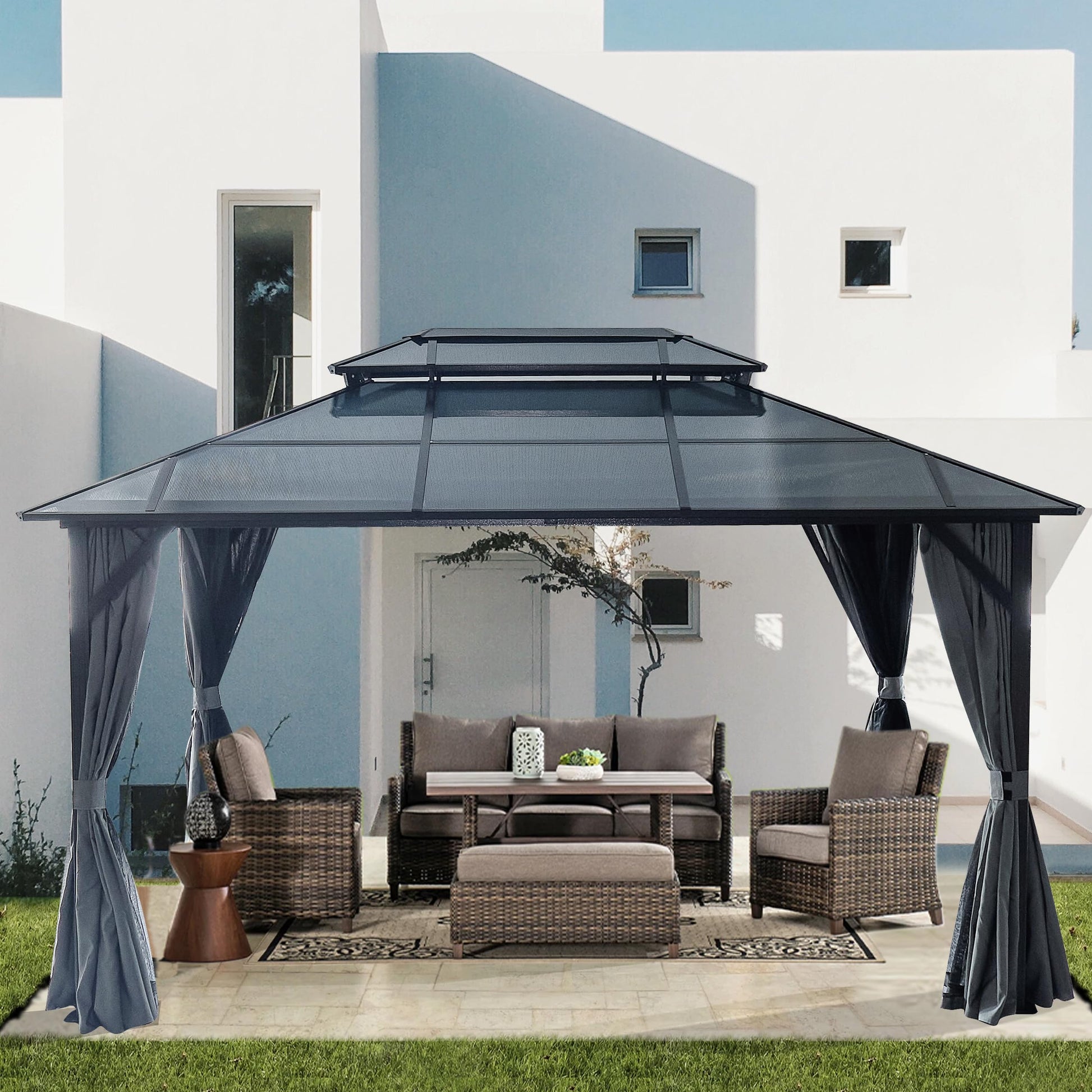 Zolyndo 10x13ft Outdoor Hardtop Gazebo with Netting and Curtains, Heavy-Duty Galvanized Aluminum Frame Gazebo with 2-Tier Waterproof Polycarbonate Roof for Patio, Backyard, Deck and Lawns, Bl - WoodArtSupply