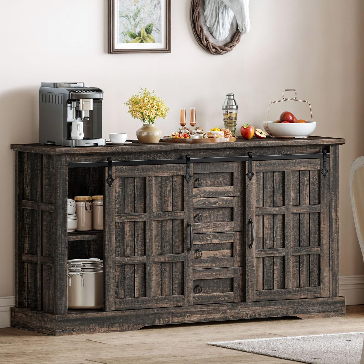 DWVO Farmhouse Sideboard Buffet Cabinet with Storage, Large Kitchen Storage Cabinet w/Sliding Barn Doors and Drawers for Dining Room, Living Rool, Dark Rustic Oak DWVO